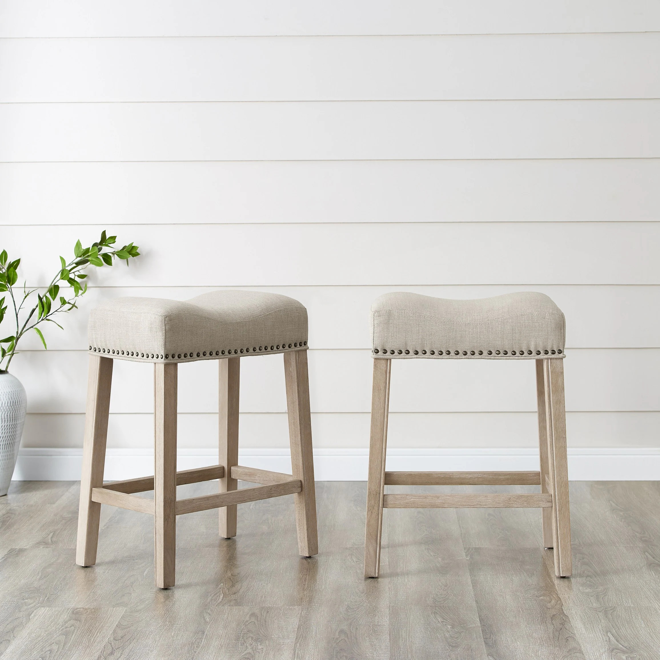 Blisstyle Coco Upholstered Backless Saddle Seat Counter Stools 24 Inch Height Set of 2 Tan Modern Farmhouse Dining Chairs one_size | DC890 | Lowe's