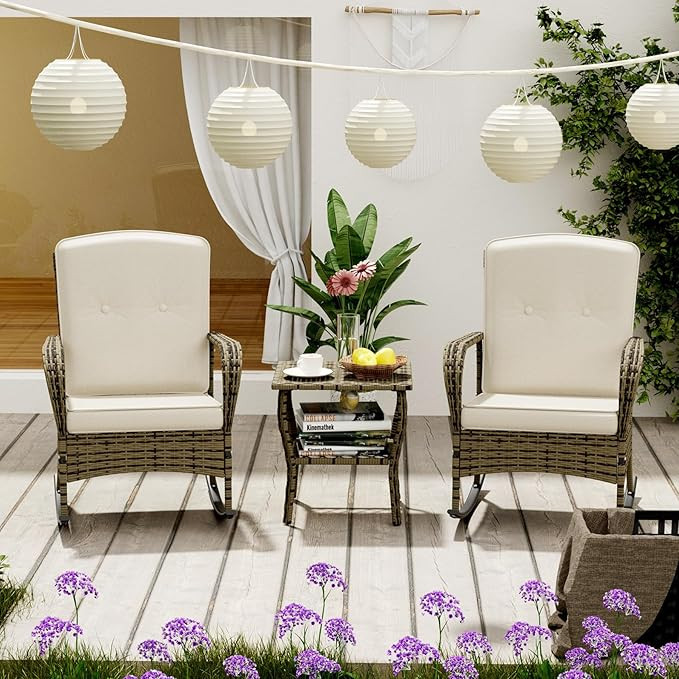 3 Pieces Patio Conversation Set, Outdoor Rocking Chair, Wicker Bistro Set, Outdoor Furniture with... | Amazon (US)