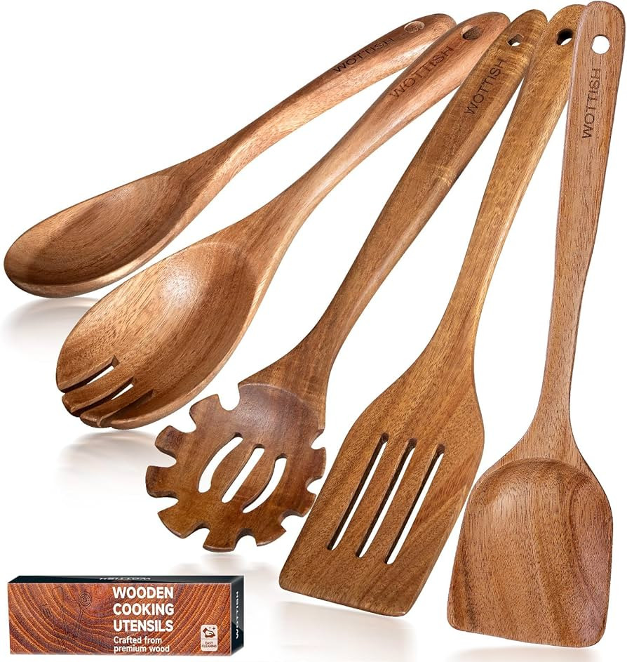Wooden Spoons for Cooking - 5-Piece Wooden Kitchen Utensil Set made of Natural Solid Wood Materia... | Amazon (US)