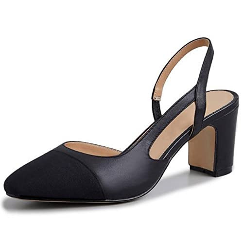 MICIFA Slingback Heels for Women，Round Closed Toe High Heels Block Chunky Ankle Strap Heeled Pumps Fashion Splicing Dress Shoes Black | Amazon (US)