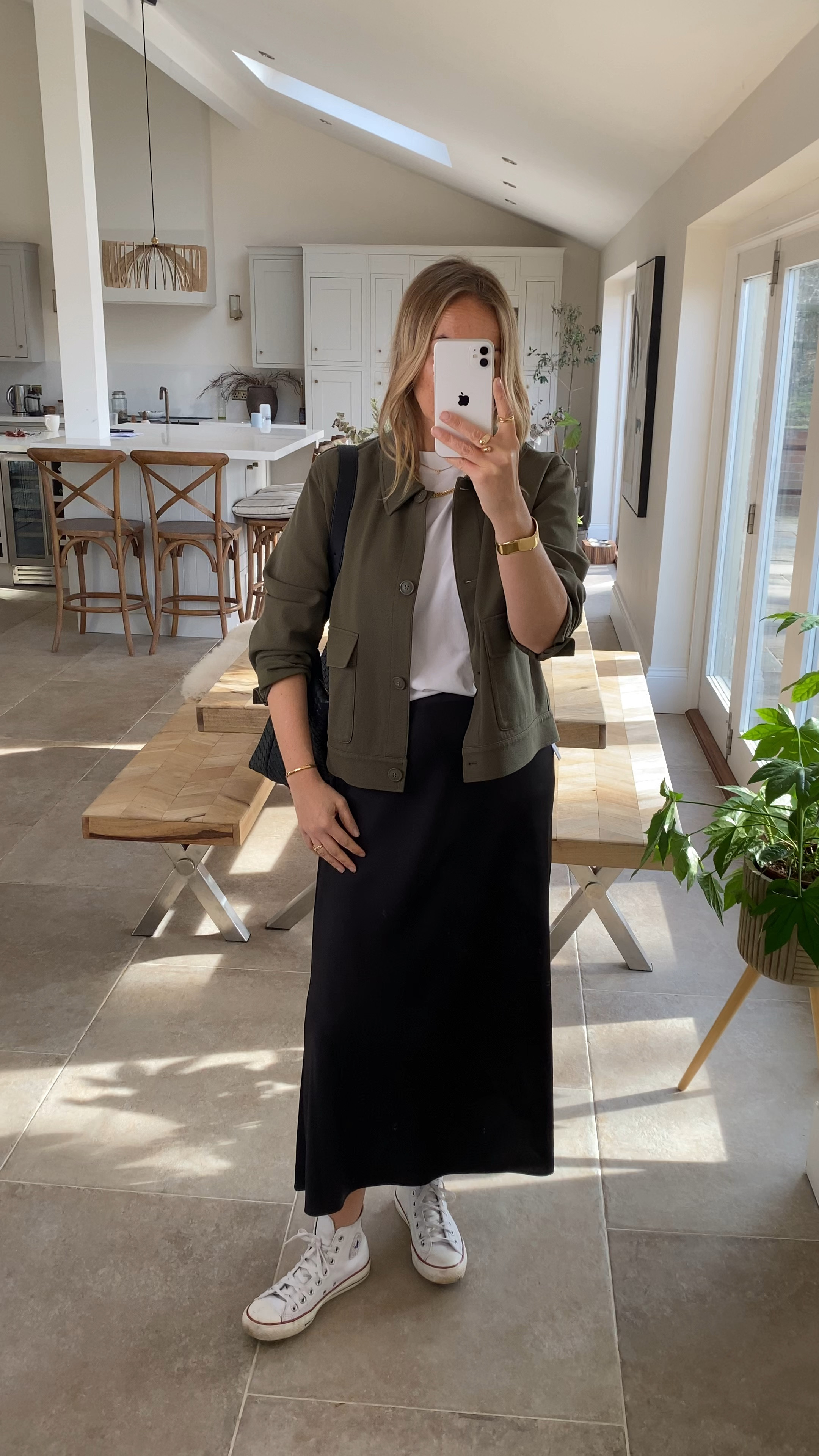 Styling that travel jacket again - such an easy layering piece - available in a few shades. Wearing a medium . 
Works well with our fave slip skirt too - if you’ve not tried this yet I recommend doing so - easy to wear, feminine and not clingy!  Comes with a separate slip if needed . Wearing a large . 
Wearing a medium in the crew T 
