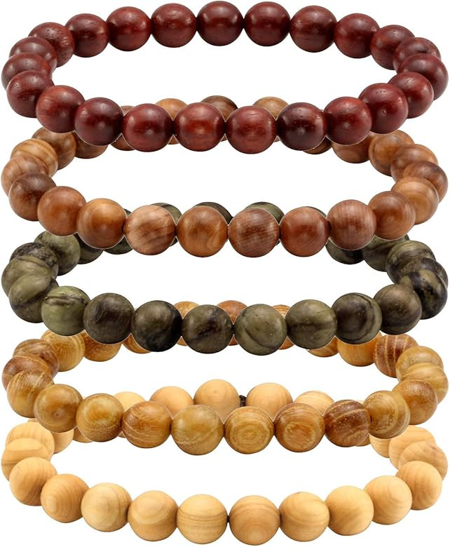 5 Pcs Wood Prayer Bead Bracelet Mala Beaded Bracelets for Men Women 8mm | Amazon (US)