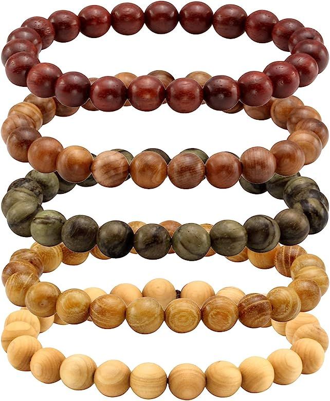 5 Pcs Wood Prayer Bead Bracelet Mala Beaded Bracelets for Men Women 8mm | Amazon (US)