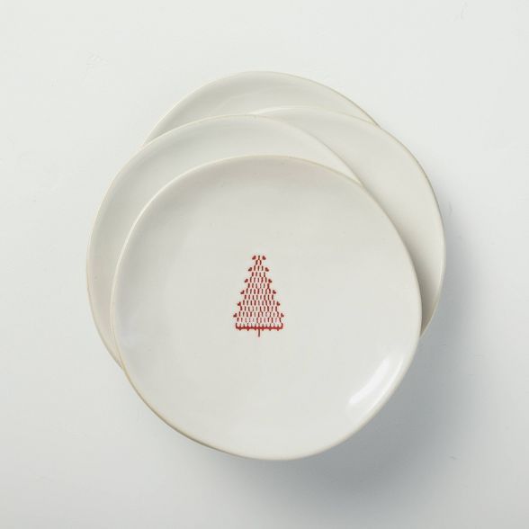 4pk Etched Tree Stoneware Appetizer Plate Set Cream/Red - Hearth &#38; Hand&#8482; with Magnolia | Target