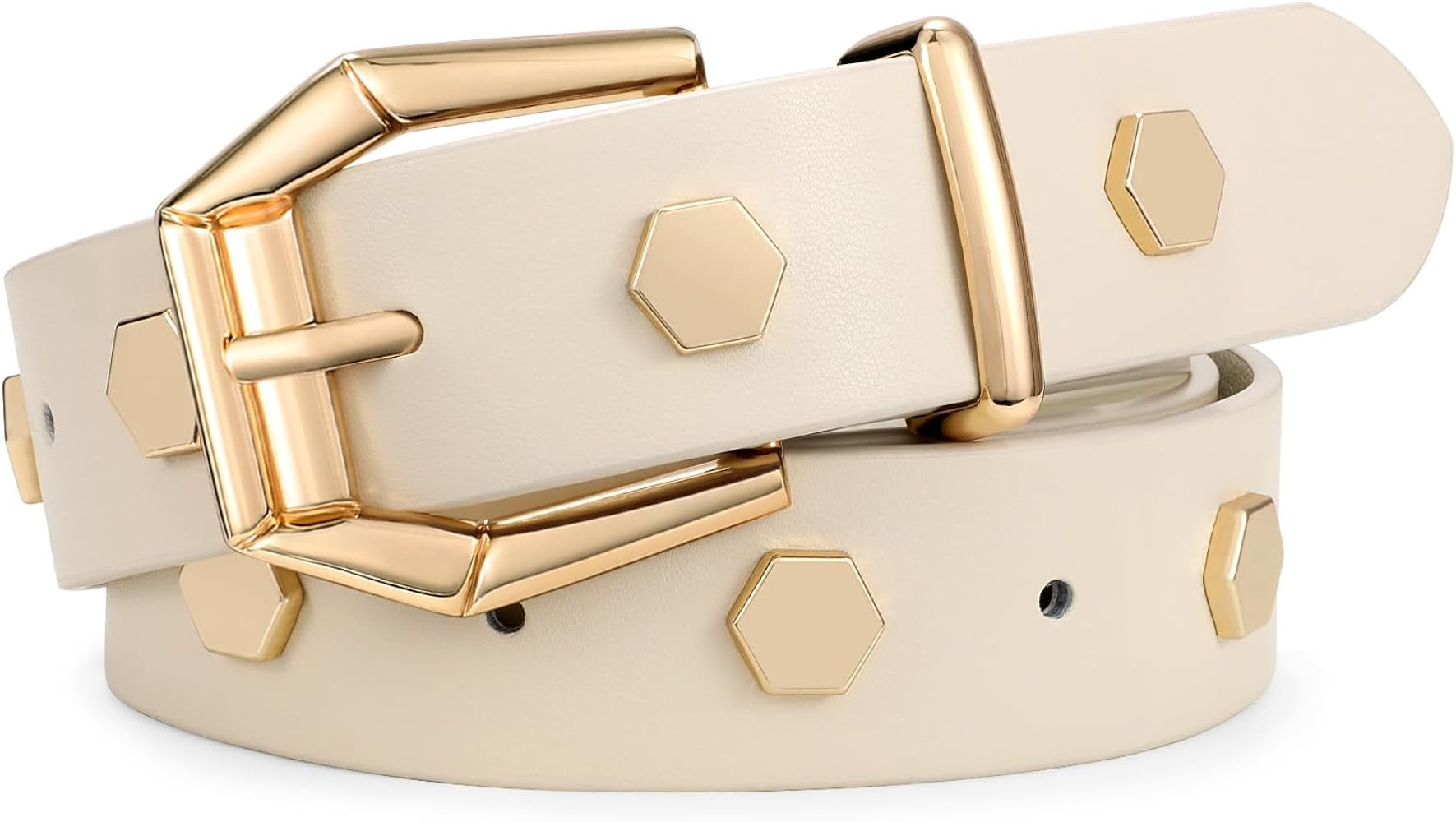 XZQTIVE Women's Leather Belt with Gold Hexagon Studs, Fashion Punk Style, Beige, 100cm at Amazon ... | Amazon (US)