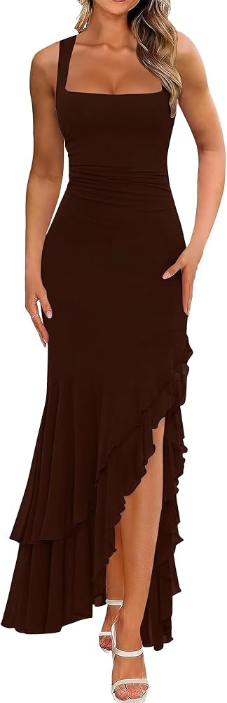 BORIFLORS Women's Elegant Bodycon Ruched Maxi Cocktail Dress Mesh Sleeveless Mermaid Ruffle Beach... | Amazon (US)
