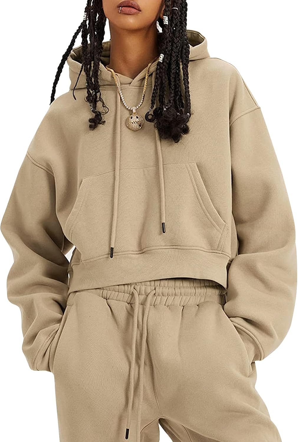 Flygo Womens Fleece 2 Piece Outfits Fall Crop Pullover Jogger Sweatsuit Set | Amazon (US)