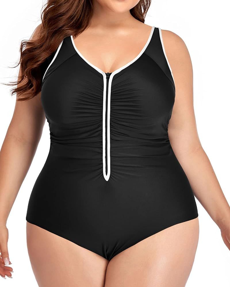 Daci Women Plus Size One Piece Swimsuits Zip Front Bathing Suits Shirred Tummy Control Swimwear | Amazon (US)