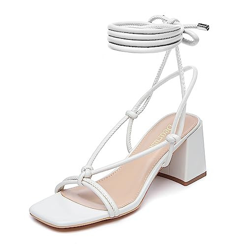 Dearuser Women's Lace Up Chunky Heels Sexy Strappy Square Open Toe White Heels Sandals Size 9.5 | Amazon (US)