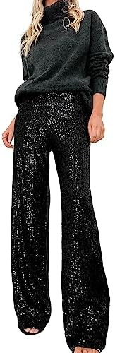 Women Sequin Flared Trousers High Waisted Sparkly Wide Leg Trousers Party Clubwear Shiny Bell Bot... | Amazon (US)