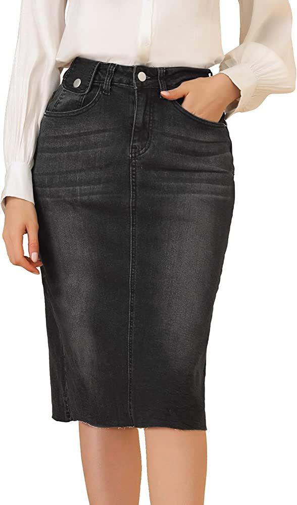 Allegra K Women's Casual Jean Skirt High Waist Back Slit Stretch A-Line Denim Skirts | Amazon (US)