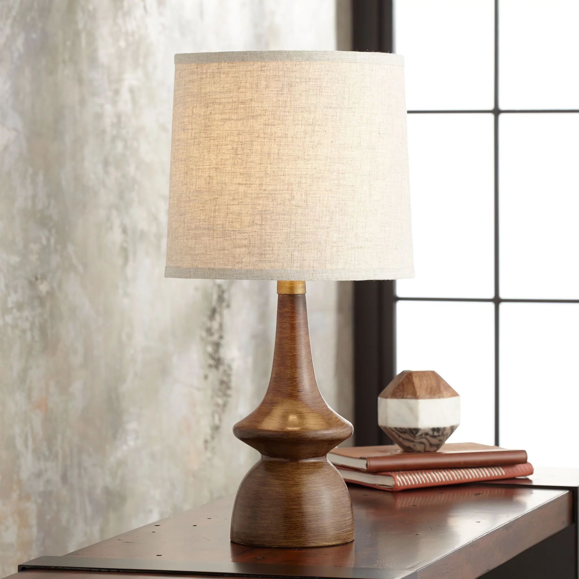 360 Lighting Mid Century Modern Table Lamp 24" High Walnut Faux Wood Brown Off White Linen Drum S... | Walmart (US)