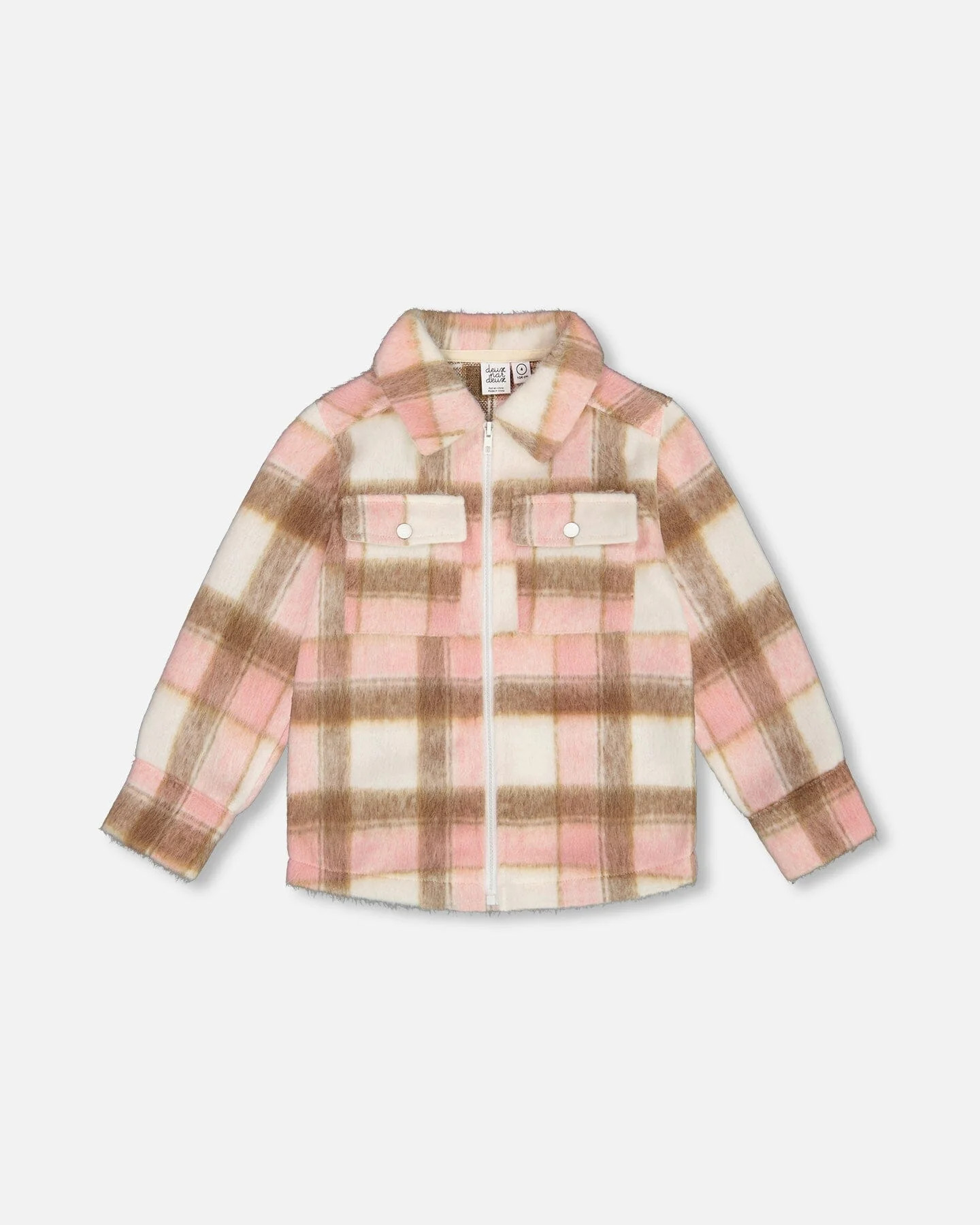Overshirt Wool-Effect With Pockets Plaid Pink, Nougat And Off White - Deux par Deux | Deux par Deux Childrens Designer Clothing