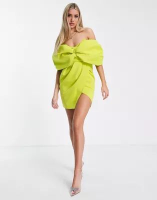 ASOS DESIGN off shoulder fold wrap pleat mini dress in  chartreuse | ASOS (Global)