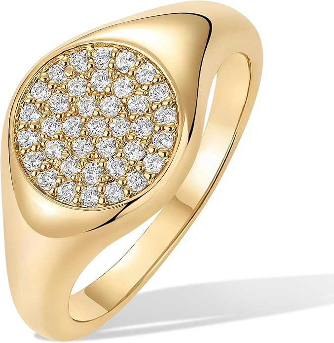 PAVOI 14K Gold Plated Signet Ring for Women - Pinky Ring with Round Cubic Zirconia - Dainty Light... | Amazon (US)