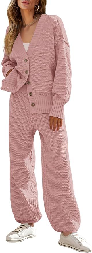 MEROKEETY Women's 2 Piece Outfits Sweater Sets Waffle Knit Cardigan and High Waist Pants Lounge S... | Amazon (US)