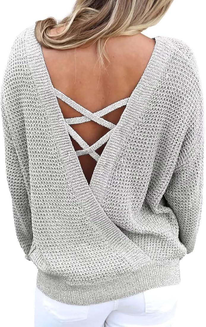 Amazon.com: Asvivid Criss Cross Cut Out Back Crewneck Sweaters for Women Long Sleeve Soft Backles... | Amazon (US)