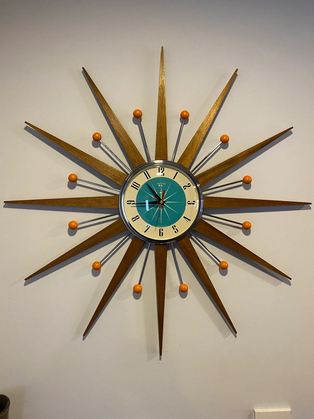Handmade 27" Starburst Clock: Mid Century Modern Turquoise Teak Wall Decor - Etsy | Etsy (US)