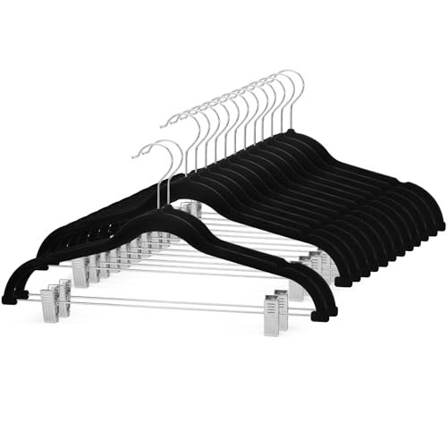 Cozymood Velvet Skirt Hangers 24 Packs Velvet Hangers with Clips Ultra Thin Non Slip Velvet Pants Hangers Space Saving Clothes Hanger for Trouser, Skirts, Jeans (Black) | Amazon (US)