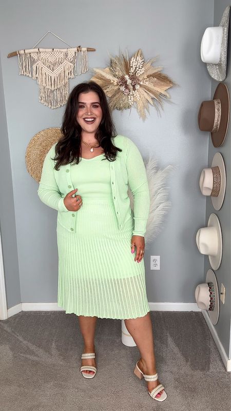Affordable Walmart 3 piece matching skirt set for Spring 🌿🌼💚 Pastel green ribbed skirt, sweetheart neckline tank and cardigan. Size XL. Easter outfit inspo  

#LTKfindsunder50 #LTKplussize #LTKstyletip