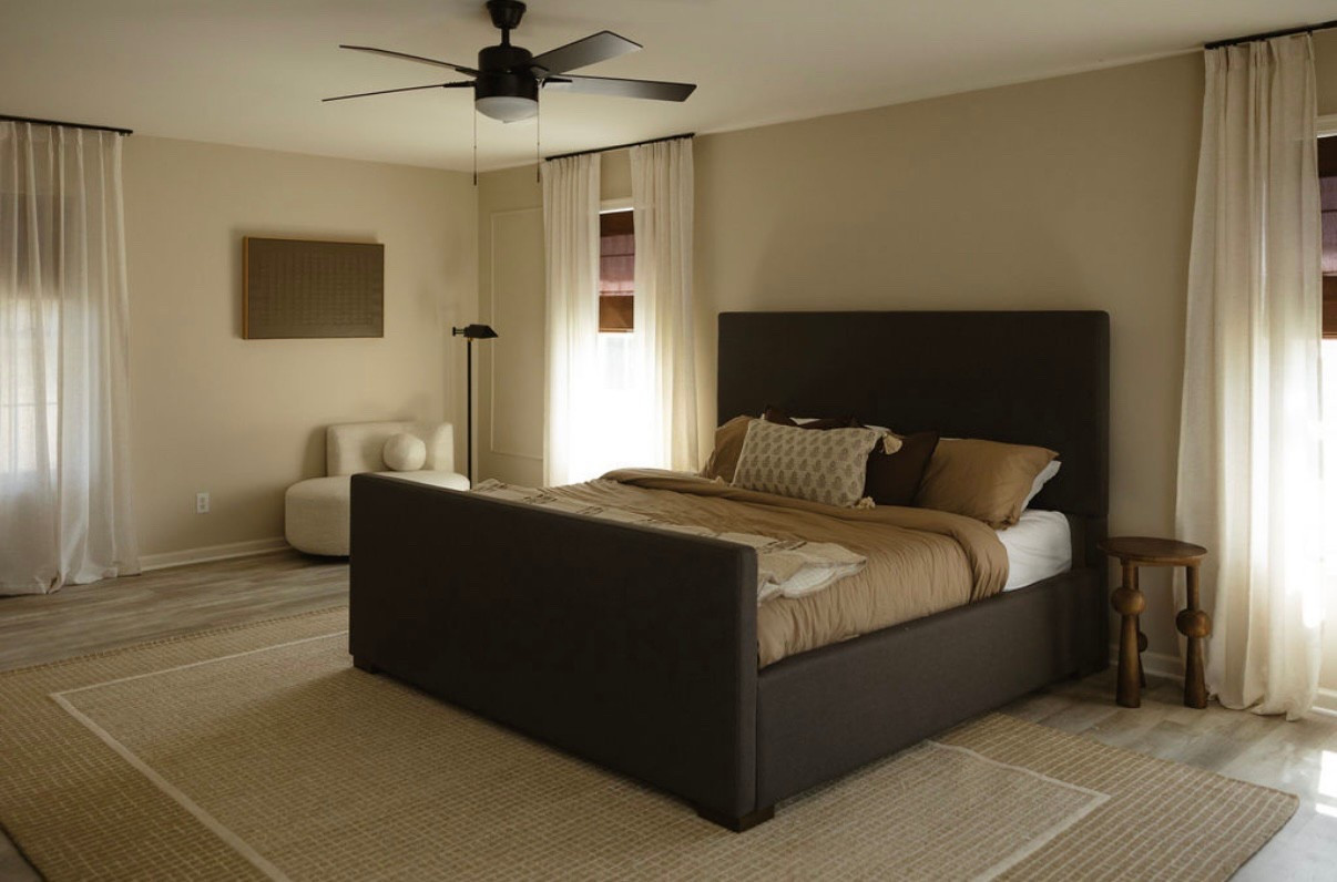 Bedroom | bed with footboard | boucle accent chair | floor lamp | Roman shades 

#LTKHome