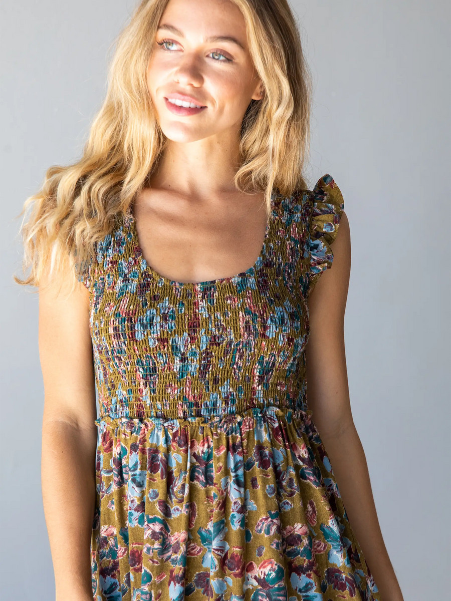 Olivia Smocked Maxi Dress - Olive Floral | Natural Life
