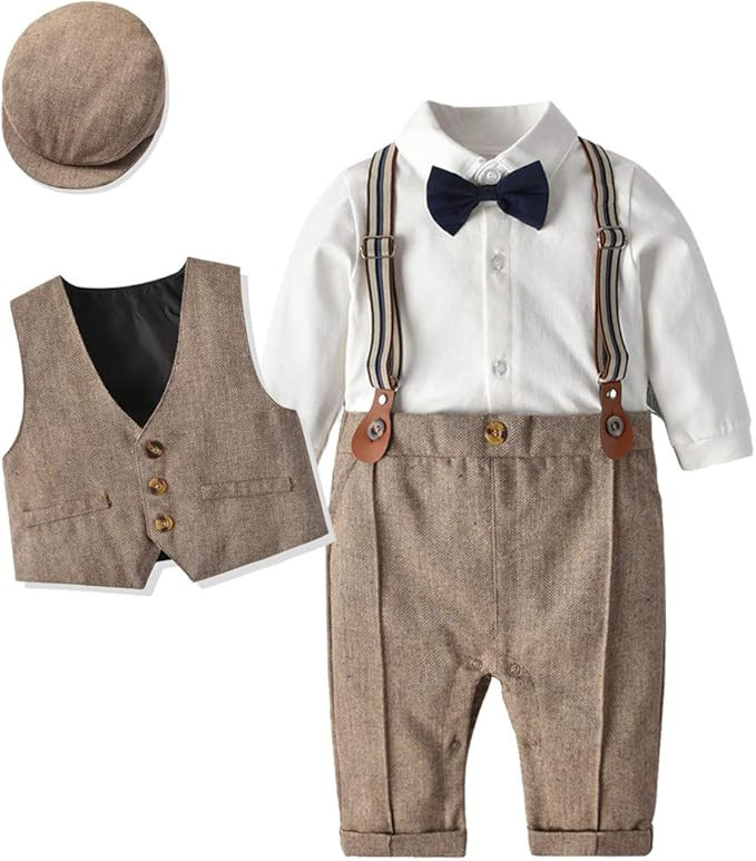 Boarnseorl Baby Boys Long Sleeve Gentleman Outfits Set,Romper Suits+Vest+Suspenders+Bowtie+Cap | Amazon (US)