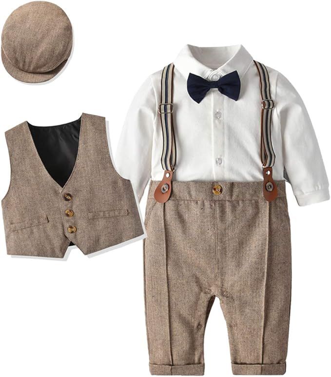 Boarnseorl Baby Boys Long Sleeve Gentleman Outfits Set,Romper Suits+Vest+Suspenders+Bowtie+Cap | Amazon (US)
