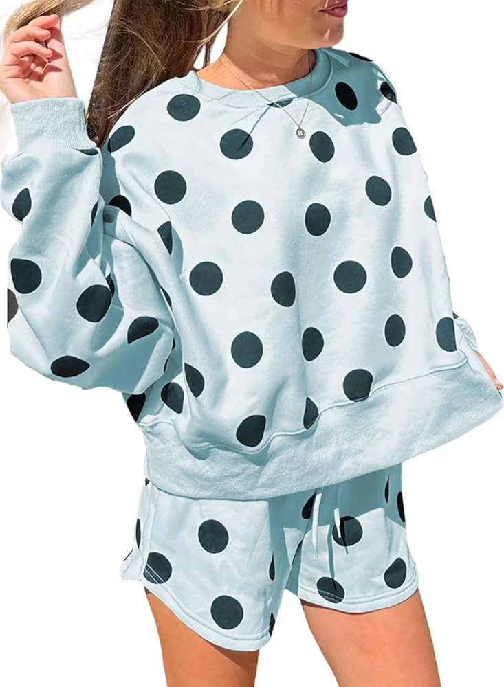 KevaMolly Womens Lounge Sets Polka Dot Print Drop Shoulder Pullover and Drawstring Shorts Set Two... | Amazon (US)
