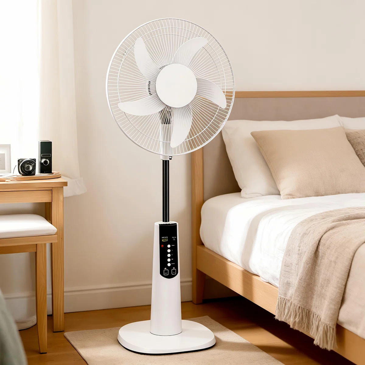 16" Solar Powered Rechargeable Pedestal Fan, 5-Speed Oscillating Standing Fan with Remote & Timer... | Wayfair North America