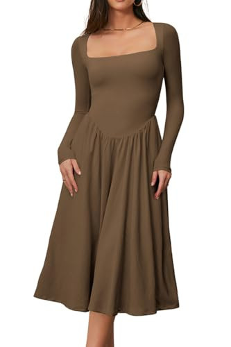 CHYRII Womens Spring Fashion 2025 Square Neck Long Sleeve Casual A-Line Midi Dress Brown XS | Amazon (US)