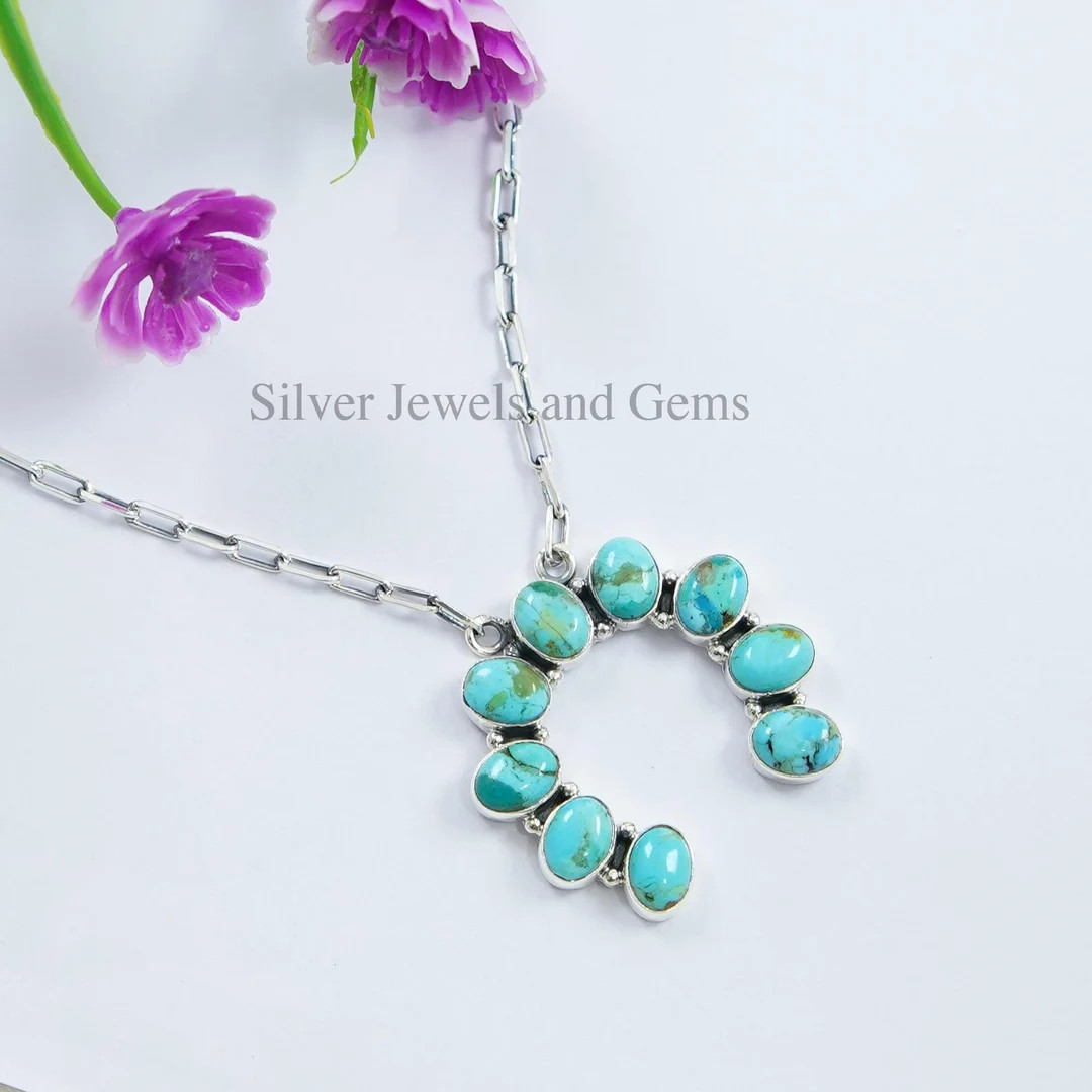 Turquoise Squash Blossom Necklace: Sterling Silver Paper Clip Chain Necklace | Etsy (US)