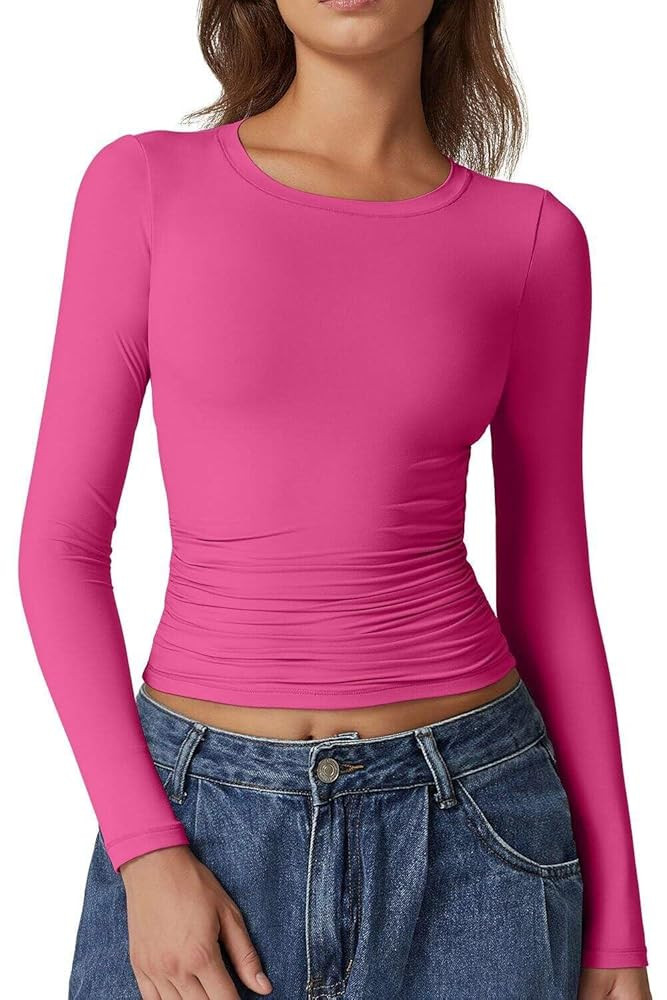 QINSEN Womens Crewneck Long Sleeve Shirt Double Lined Basic Tees Side Ruched Going Out Crop Tops | Amazon (US)