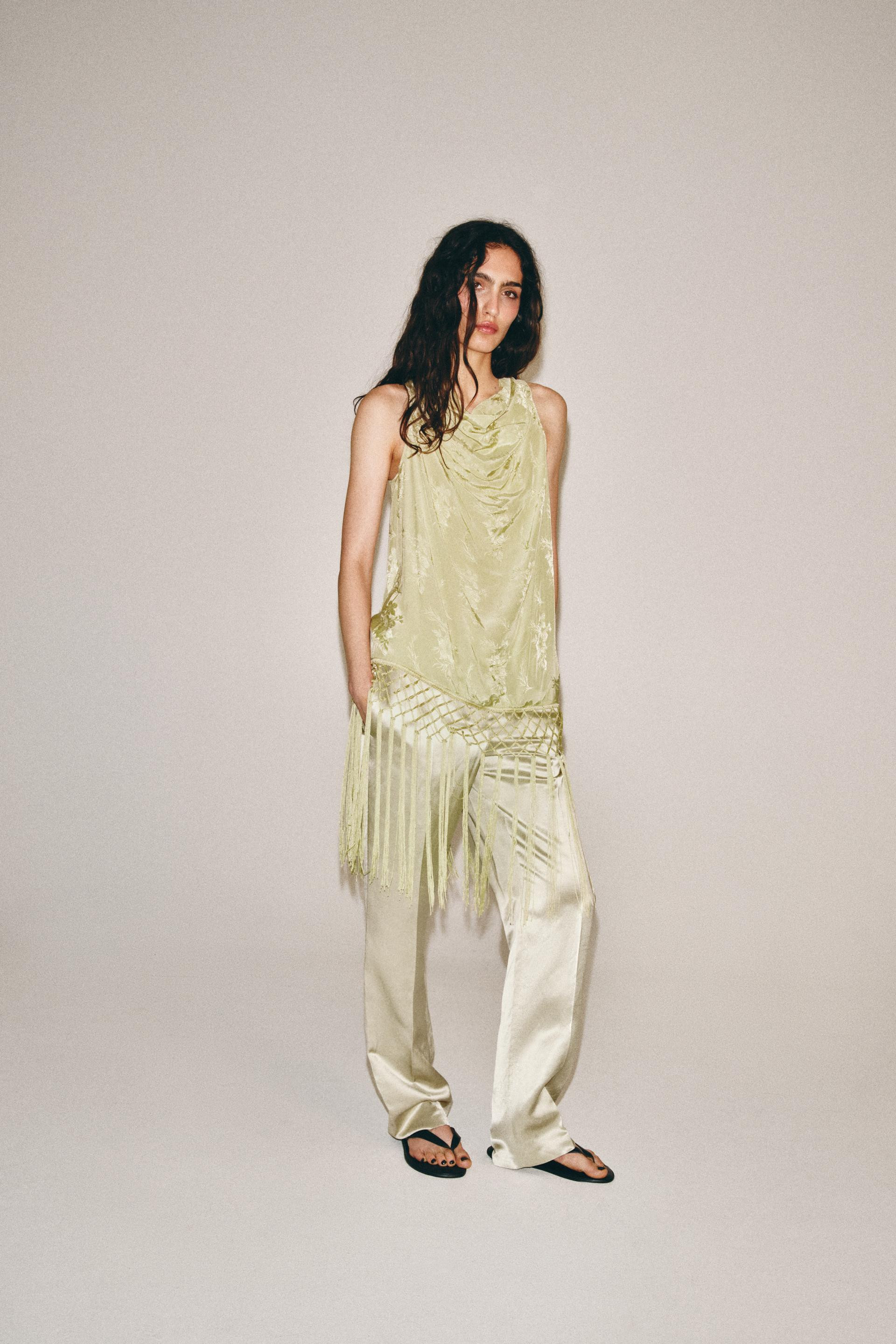 Zara - Zw Collection Fringed Jacquard Top - Lime Green - M - Woman | Zara US