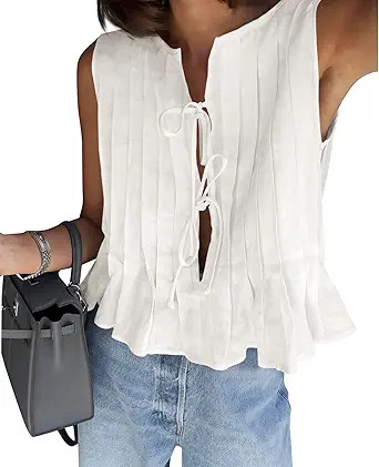 Cicy Bell Womens Bow Front Tie Tank Tops Pleated Babydoll Top Sleeveless Cute Coquette Shirt Summ... | Amazon (US)