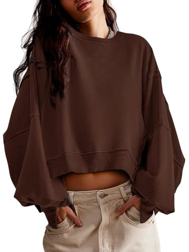 Zwurew Womens Long Sleeve Sweatshirt Crewneck Bat Sleeve Tops Side Slipt Pullover Crop Blouse Shirt Coffee L | Amazon (US)