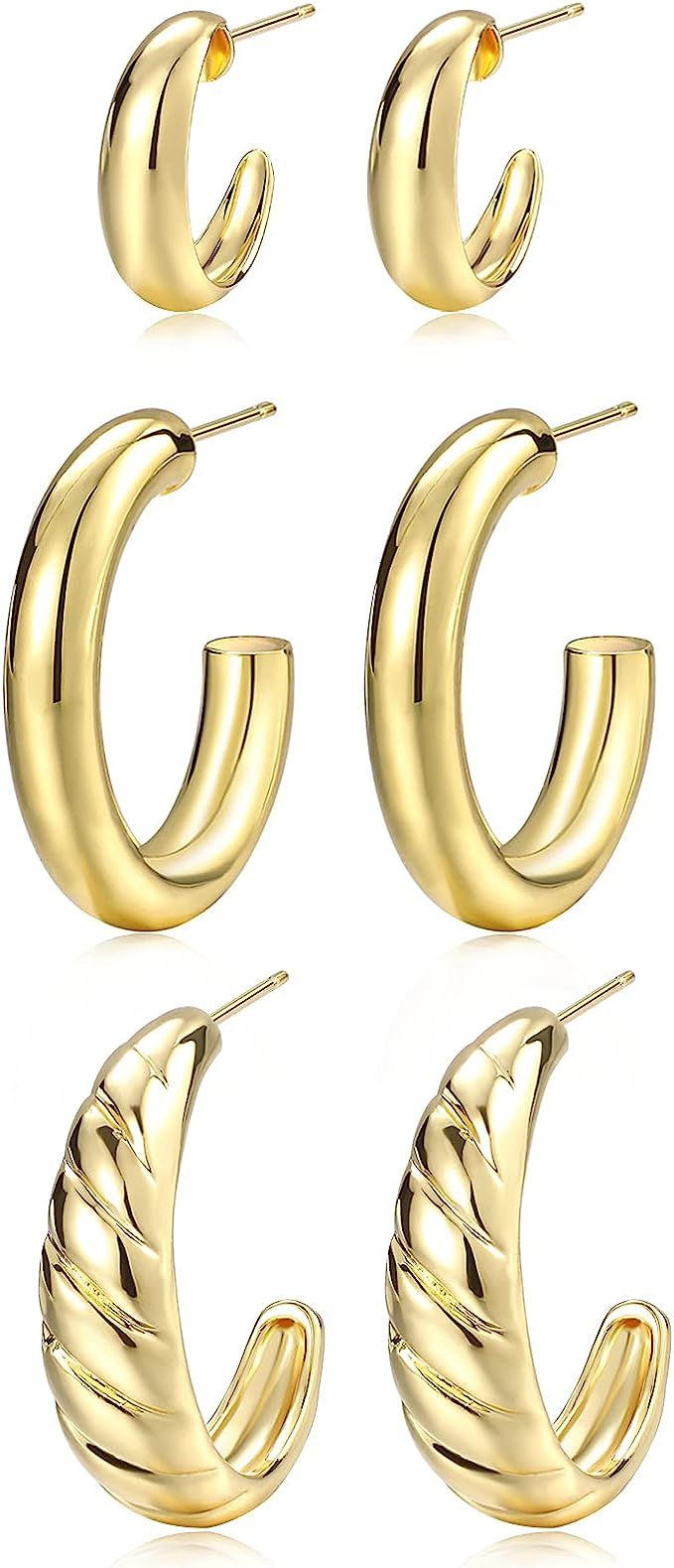 Gold Hoop Earrings Set for Women, 14K Gold Plated Lightweight Hypoallergenic Chunky Open Hoops Se... | Amazon (US)