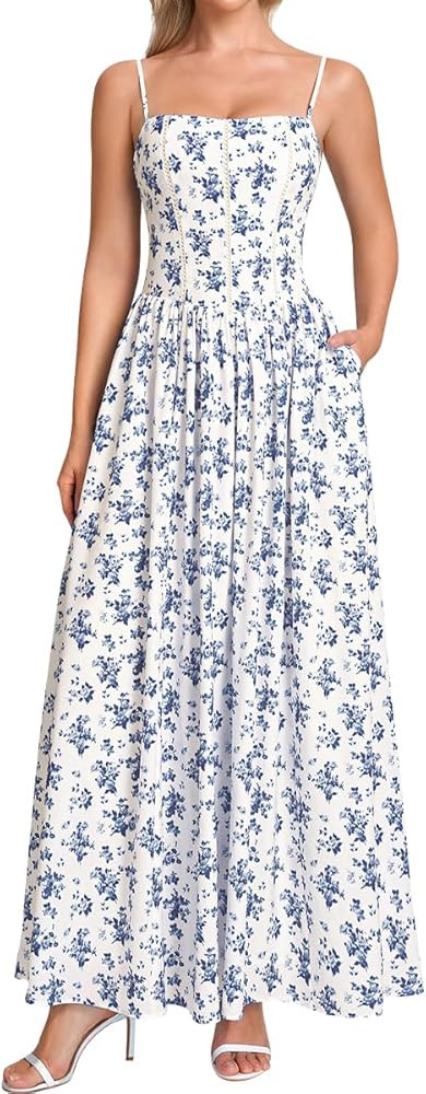 VKIHOC Women Floral Corset Maxi Dress Spaghetti Strap Lace Up Flowy A Line Wedding Guest Long Dre... | Amazon (US)