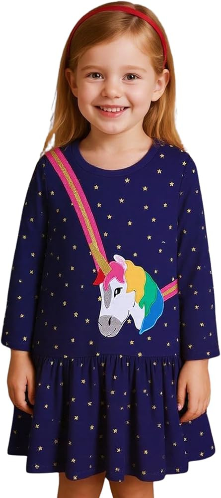 HILEELANG Toddler Girl Long Sleeve Dress Cotton Casual Jersey Shirt Playwear Applique Dress | Amazon (US)