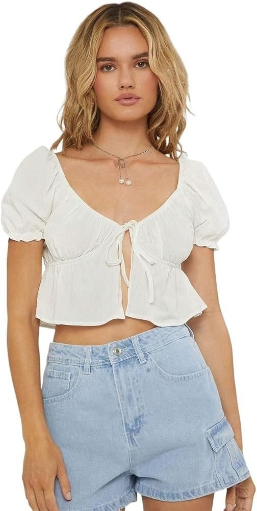Women's Fashion Blouse Lace-Up with Collar Short Sleeve Tops | Amazon (US)