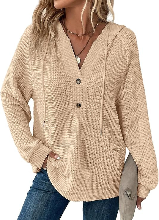 Dokotoo Hoodies for Women Waffle Knit Long Sleeve Drawstring Button V Neck Casual Pullover Sweats... | Amazon (US)