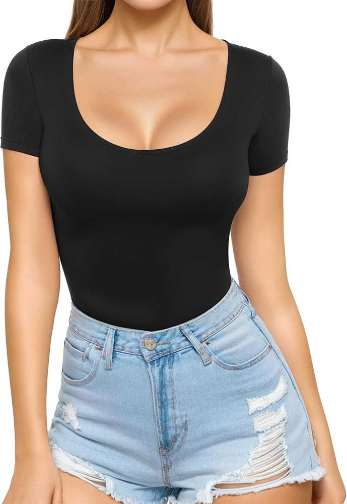 MANGOPOP Womens Summer Scoop Neck Short Sleeve Slim Fit T Shirts Tunic Tops Tee | Amazon (US)