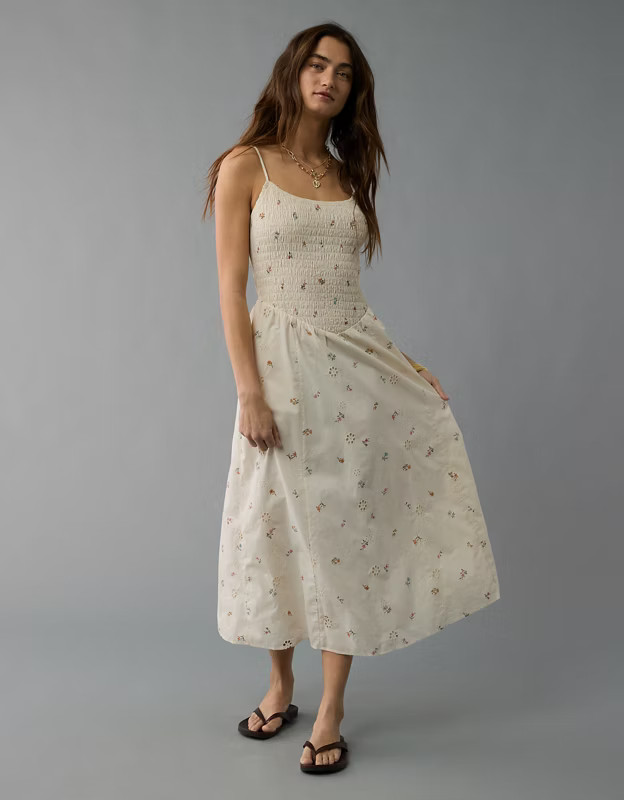 AE Bella Smocked Drop Waist Midi Dress | American Eagle Outfitters (US & CA)