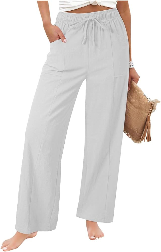 Summer Pants for Women 2026 Cotton Linen Drawstring Wide Leg Pants Comfy Flowy Trousers with Pock... | Amazon (CA)