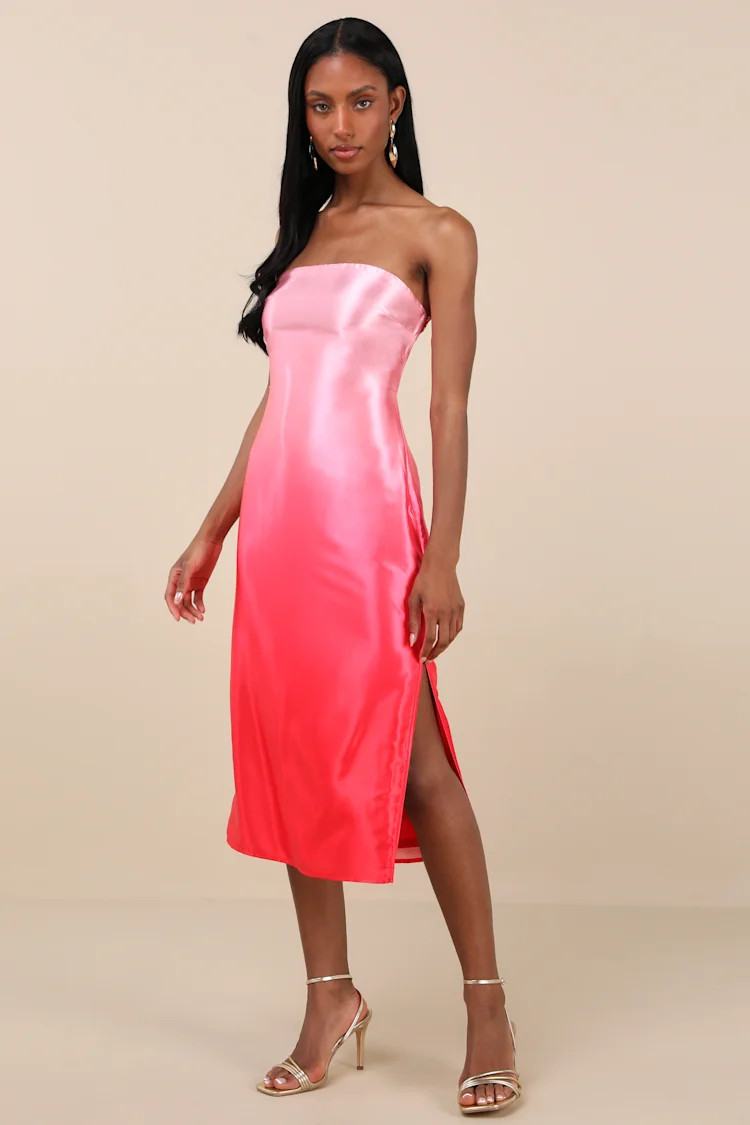 Indescribable Poise Pink Ombre Satin Strapless Midi Dress | Lulus