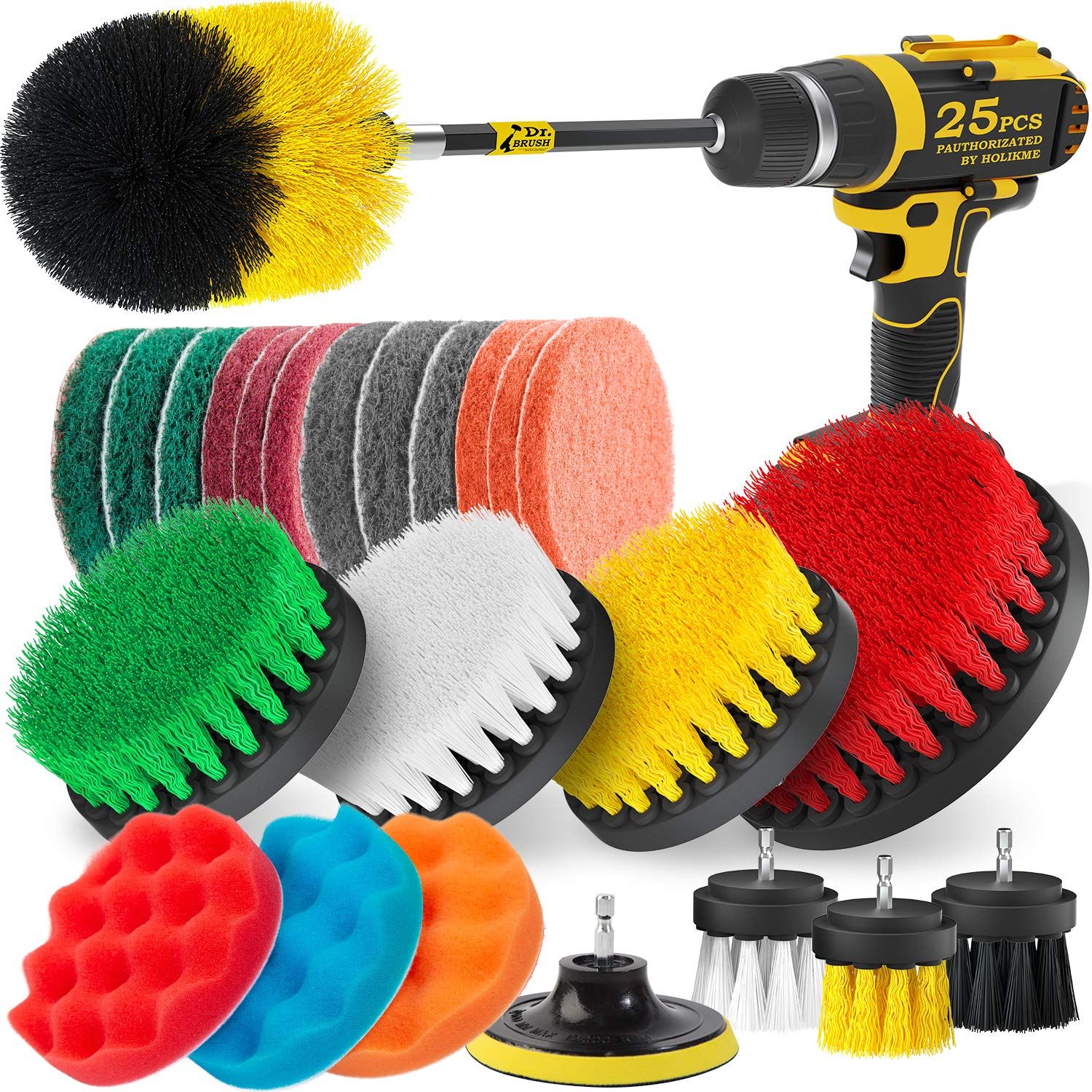 Holikme 25Piece Drill Brush Attachments Set,Scrub Pads & Sponge, Power Scrubber Brush with Extend Lo | Amazon (US)