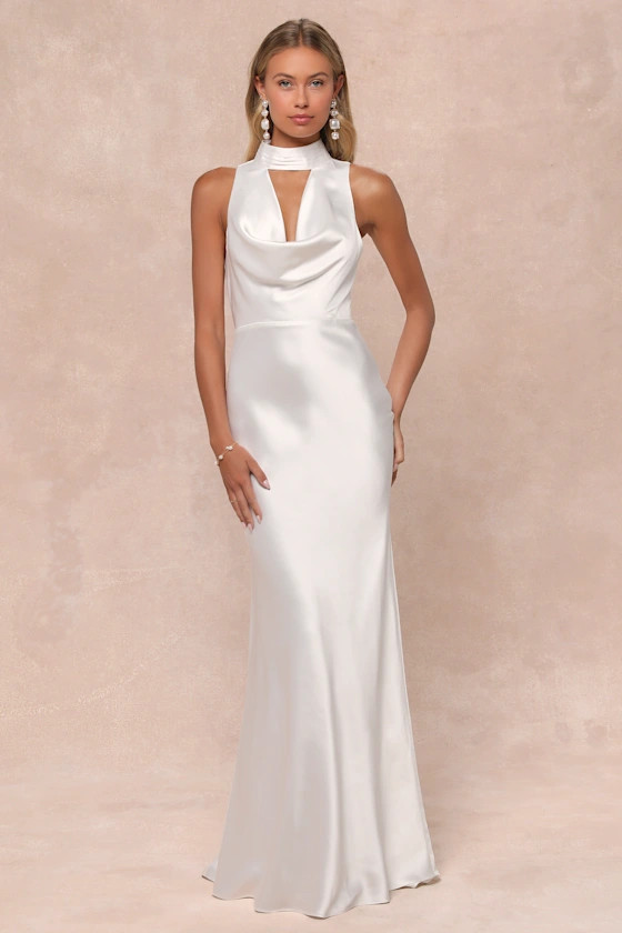 Gorgeous Vow White Satin Mock Neck Cowl Mermaid Maxi Dress | Lulus