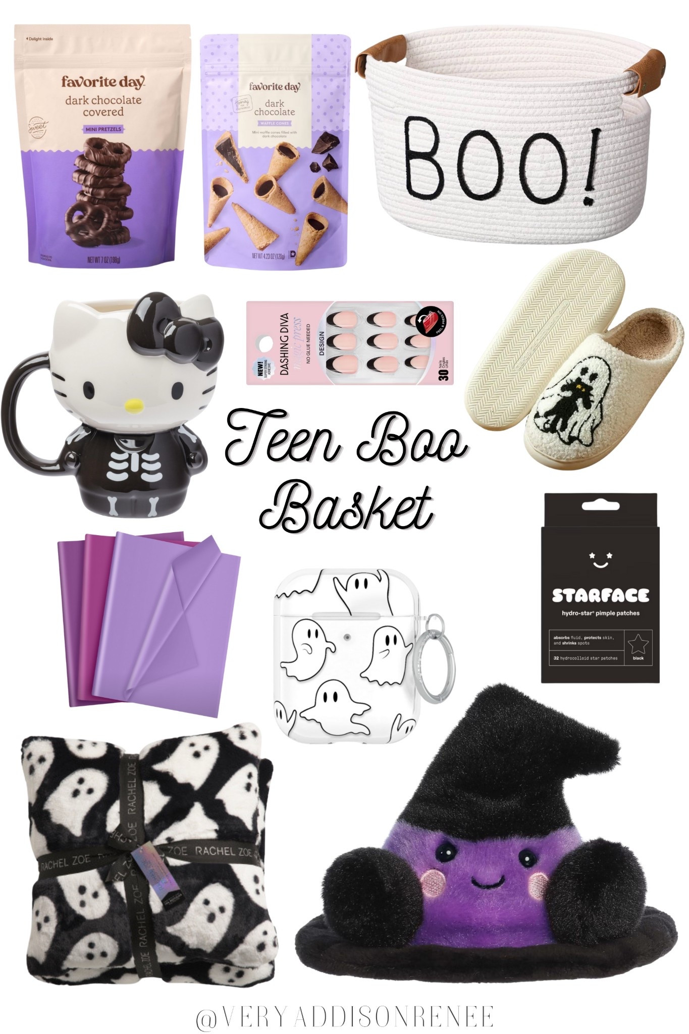 Teen Boo Basket Ideas 👻✨ This Halloween gift basket is full of cozy, aesthetic Target finds that are perfect for teens, tweens, sisters, daughters, or besties. Affordable, cute, and TikTok inspired. This is the ultimate spooky season basket!

What’s inside:
🍫 Favorite Day dark chocolate pretzels + waffle cones
☕ Hello Kitty skeleton mug
💅 Dashing Diva press-on nails
🧼 Starface pimple patches (teen fave)
👟 Cozy slippers + ghost throw blanket
📱 Ghost AirPods case
🧸 Plush witch hat
🧺 “BOO!” Halloween basket

This boo basket for teens makes the perfect Halloween 2025 gift idea, cozy fall essentials, skincare must-haves, and fun Target goodies all wrapped into one. Great as a best friend gift, teen girl surprise, or spooky basket filler idea 

#LTKGiftGuide Boo baskets 2025, boo basket 2026, boobasketideas, #Boobasketideas #boobasket #boobasketforher #halloweengift #halloweenseason #halloweenbasket #spooktember #spooktober
Boo basket ideas, Halloween aesthetic

#LTKSeasonal #LTKU #LTKKids