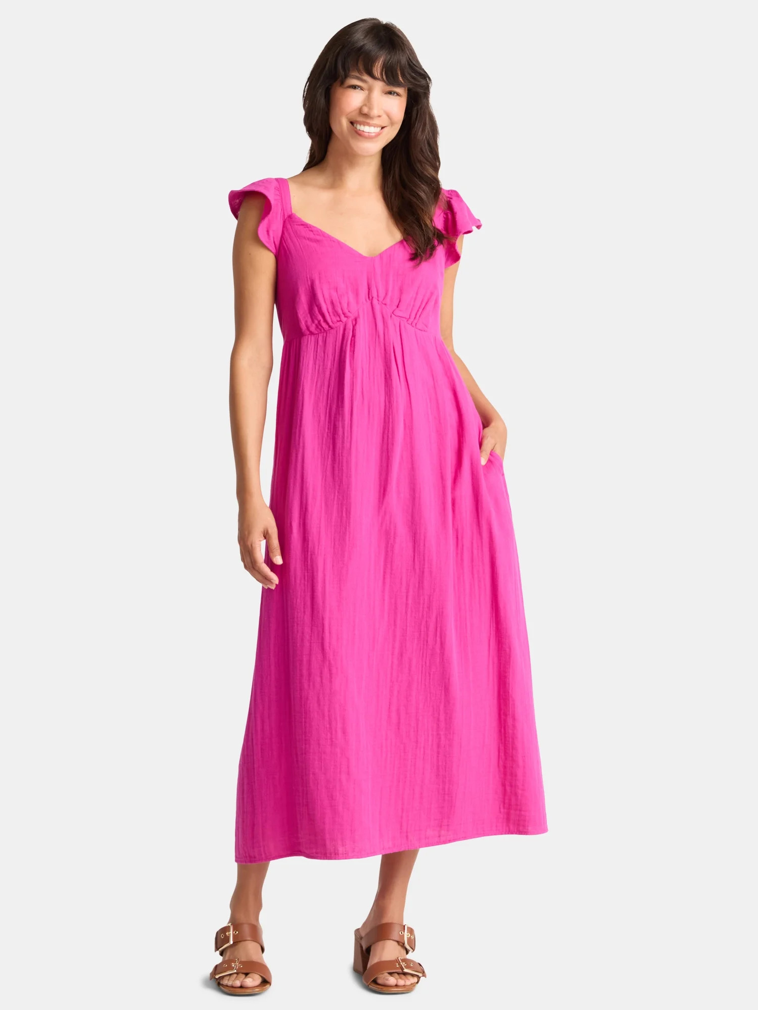 Time and Tru Women's Cotton Midi Dress with Flutter Sleeves, Sizes XS-XXXL | Walmart (US)