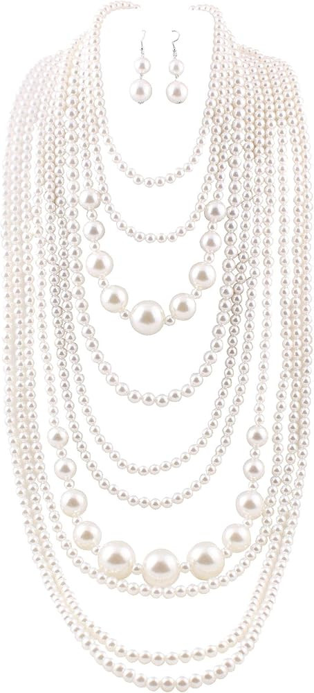 GRACE JUN Multilayer Strand Chain Faux Pearls Flapper Beads Cluster Long Choker Necklace | Amazon (US)